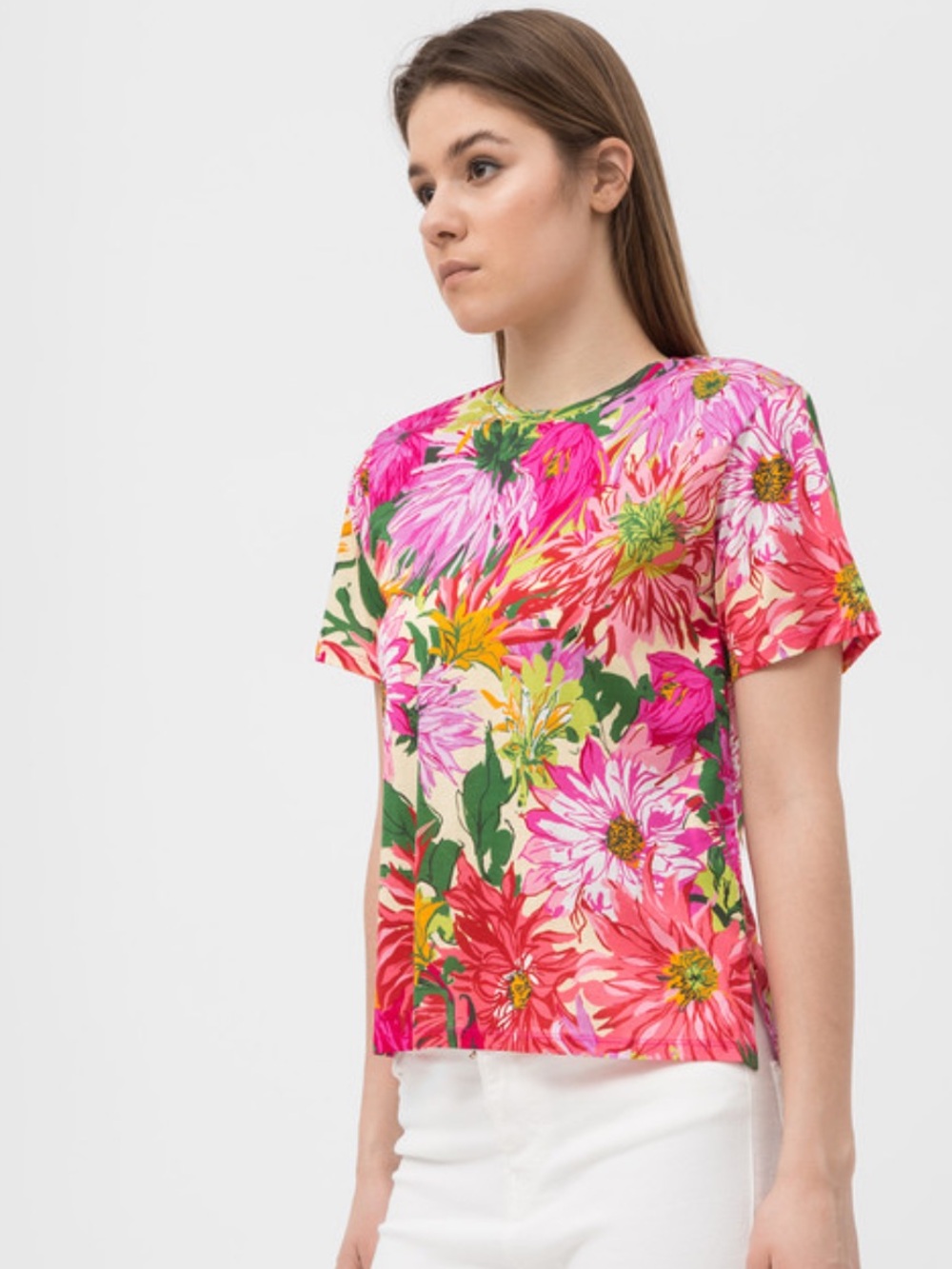 Max Mara Weekend Floral Short-Sleeve Top — Pink Multi PTP 19.5
